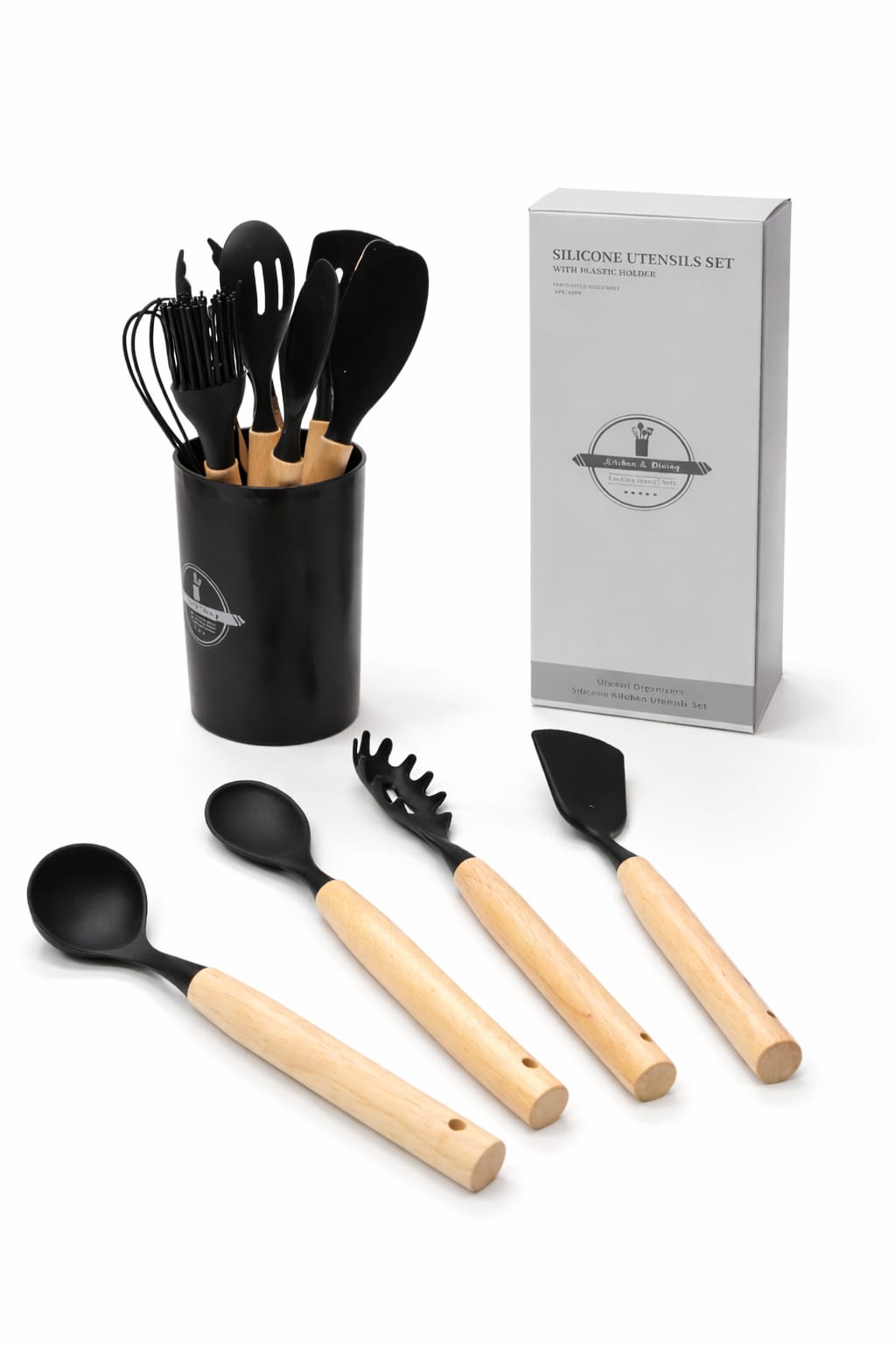 Küchenutensilien Set Weiß mit Holzgriff